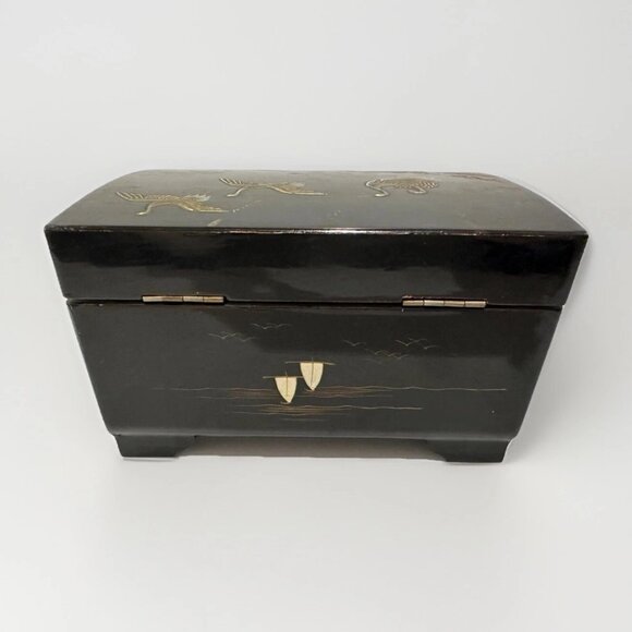 Vintage Japanese Black Enamel Musical Jewelry Box w/ Bronze Inlay – Beautiful - Picture 6 of 12